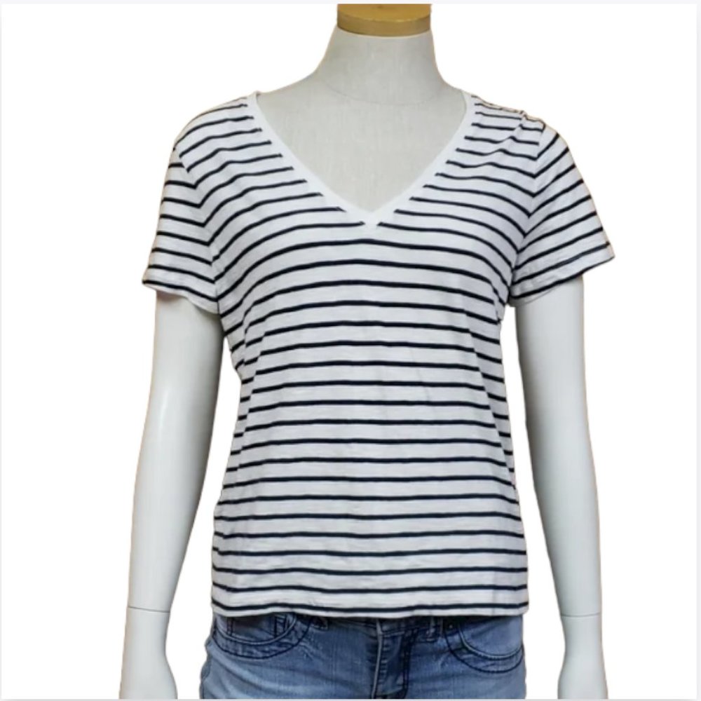 Madewell Tee M Blue White Stripe V-Neck Short Sleeve Cotton Casual